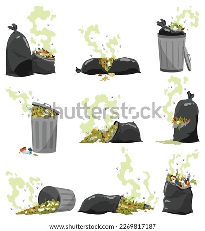 Garbage or waste icons. Metal and plastic garbage containers with unsorted trash. Rubbish bags that smells ugly and started to decompose. Ecology and environment concept. Isolated on white background