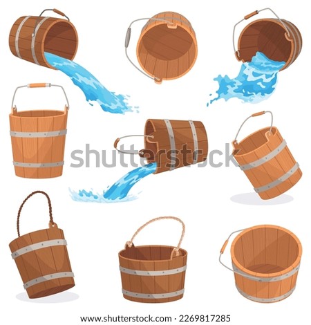 Wooden buckets with water and handle. Container with flowing water, empty pail for spa, sauna. Liquid pouring with splash. Vector illustration isolated on white background