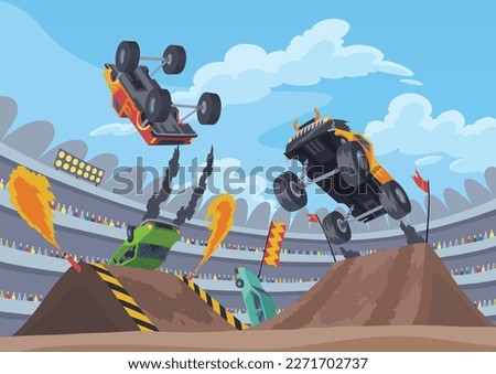 Jumping monster truck show. Bright colorful cartoon auto with big wheels. Car with large tires for rally 4x4 computer or mobile game. Vector cartoon illustration