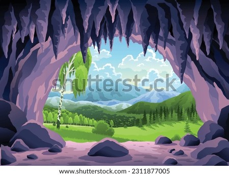 Cave landscape. Summer nature scene of cave entrance. Prehistoric dungeon, rock cavern game illustration. Vector illustration of tunnel in mountain or mine in rocks