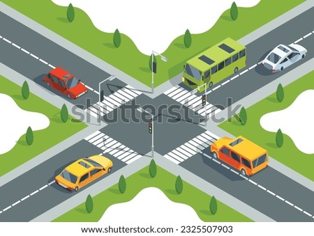 City crossroad isometric view with road markings, traffic lights pedestrian zebra crossing and cars. Urban traffic map with transport, vector graphic design elements