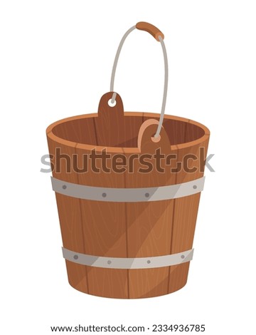 Wooden bucket with handle and without water. Container or empty pail for spa, sauna. Vector illustration isolated on white background
