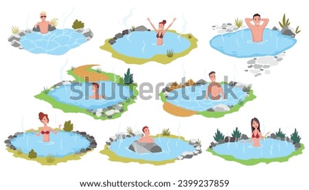 Hot springs pool. People enjoying thermal spa water in winter, flat vector illustration. Mountain onsen, japanese natural hot springs resort. Relax, recreation