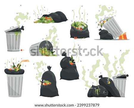 Garbage or waste icons. Metal and plastic garbage containers with unsorted trash. Rubbish bags that smells ugly and started to decompose. Ecology and environment concept. Isolated on white background