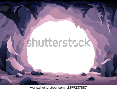 Cave landscape. Stone cave entrance with empty white space inside. Prehistoric dungeon entrance, rock cavern game illustration. Vector image of tunnel in mountain or mine in rocks