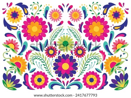 Mexican flower traditional pattern background. Ethnic embroidery decoration ornament. Flower symmetry texture. Ornate folk graphic, wallpaper. Festive mexican floral motif. Vector illustration