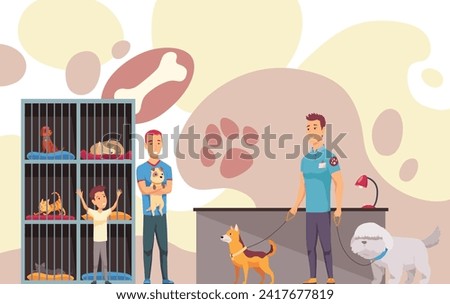 Animal shelter homeless pets, adoption banner layout. Finding new house for pet and homeless domestic animals care. Colorful vector illustration in flat cartoon style
