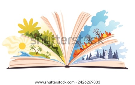 Book four seasons summer, winter, spring, autumn. Open book with different season on pages. Reading fantasy storybook about nature. Vector illustration