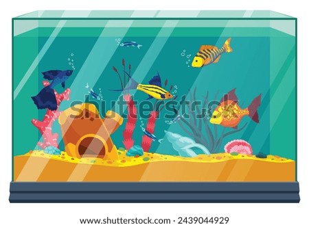 Aquarium with different colorful fish and algae. Underwater life with shells, sand, bubbles and decorative accessories in flat style. Beautiful vector glass aquarium as decoration of home interior