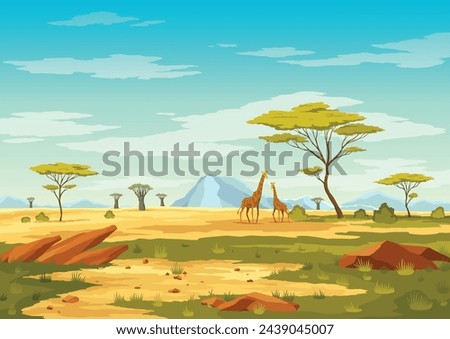 African savannah landscape, wild nature of Africa, cartoon background with green tree, rocks and plain grassland field under blue clear sky. Kenya panoramic view, parallax scene, Vector illustration