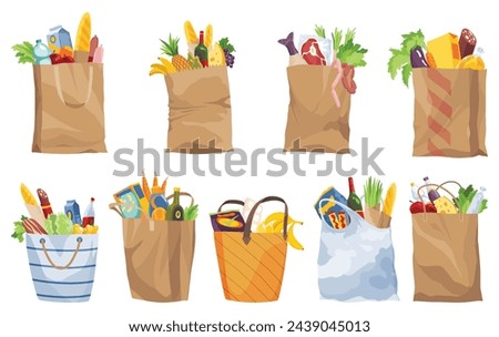 Collection of paper shopping bags products grocery. Vegetables, bread, dairy products, vine, meat and eggs. Grocery supermarket. Fresh healthy produce. Grocery delivery concept