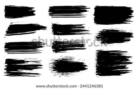 Paint brush. Black ink grunge brush strokes. Vector paintbrush set. Grunge design elements. Painted ink stripes. Creative isolated spots. Ink smudge abstract shape stains and smear set