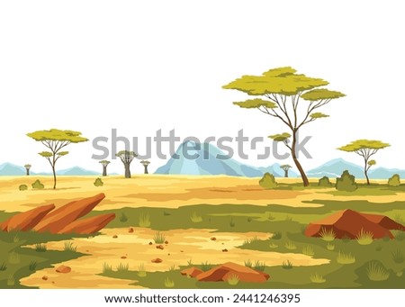 African savannah landscape, wild nature of Africa, cartoon background with green tree, rocks and plain grassland field under blue clear sky. Kenya panoramic view, parallax scene, Vector illustration