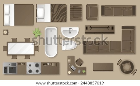 Interior furniture collection top view. Elements for living room, bedroom, kitchen, bathroom. Floor plan, view from above. Furniture store. Icons set of interior. Isolated vector illustration