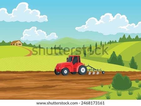 Agriculture farming landscape. Countryside land. Tractor plowing the field on rural landscape background. Farm life, soil cultivation process. Vector cartoon illustration