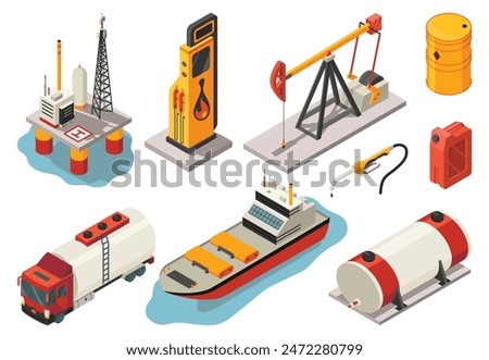 Isometric oil and gas icons showing equipment and infrastructure related to the industry