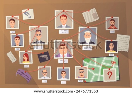 Detective board. Crime accident investigation or evidence board. Cops crime investigation plan, board with pinned photos. Vector cartoon illustration isolated on white background