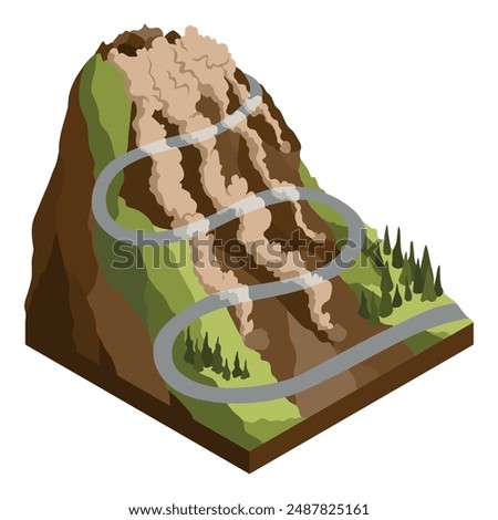 Rockfall natural disasters isometric. Isometric illustration of landslide vector icon