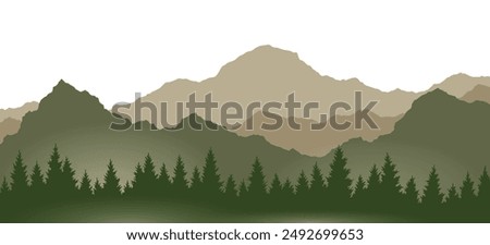 Foggy mountains landscape background. Smoky and rocky panorama with mountains skyline and pine tree forest silhouettes. Scenery with slopes, vector cartoon illustration