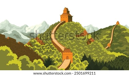 Great wall china landscape. Chinese prominent monumental giant structure. Wall sections on green mountains for travel and tourism, flat style concept