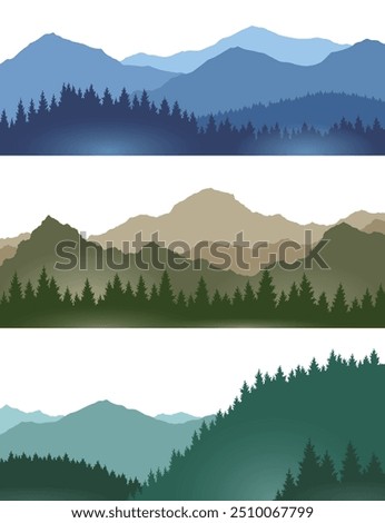 Foggy mountains landscape background set. Smoky and rocky panorama with mountains skyline and pine tree forest silhouettes. Scenery with slopes, vector cartoon illustration