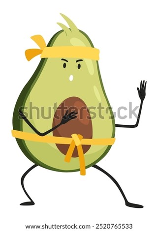 Avocado character with happy emotions. Cheerful vegetable person. Avocado super hero funny cartoon character. Vector flat illustration