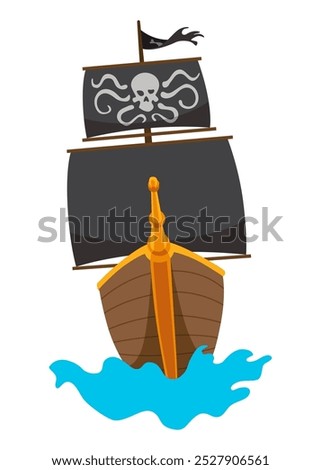 Stylized cartoon pirate ship illustration with black sails. Cute vector icon. Pirate Ship sailing on water