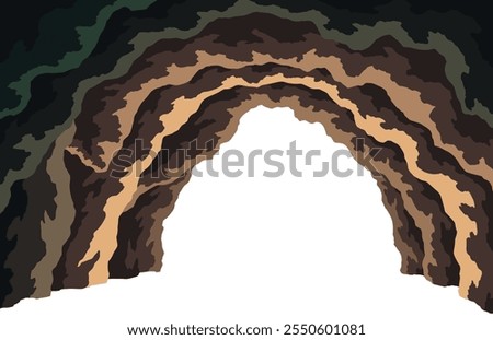 Cave landscape. Underground rocky cave. View through entrance. Exit from cave. Vector cartoon illustration of empty stone cavern. Old grotto inside