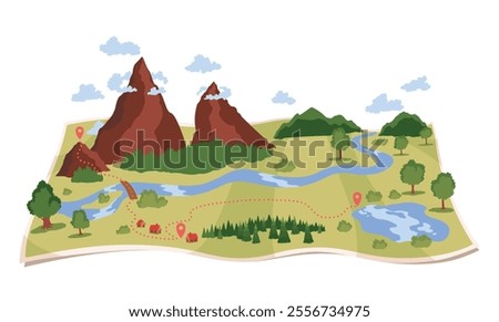 Hiking travel on map. Searching right direction, travelling in mountains. Outdoor recreation, flat vector illustration isolated