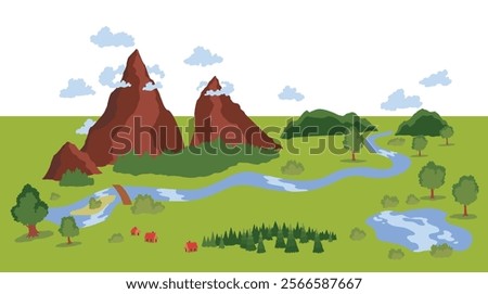 Hiking travel on map. Searching right direction, travelling in mountains. Outdoor recreation, flat vector illustration isolated