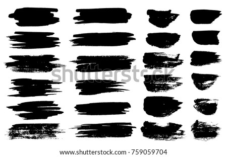 Vector black paint brush spots, highlighter lines or felt-tip pen marker horizontal blobs. Marker pen or brushstrokes and dashes. Ink smudge abstract shape stains and smear set with texture