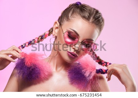Image, Stock Photo red made up woman with white and gray hair
