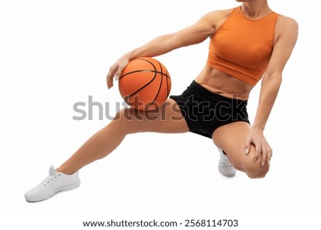 Image, Stock Photo Slim sportswoman with basketball on stairs