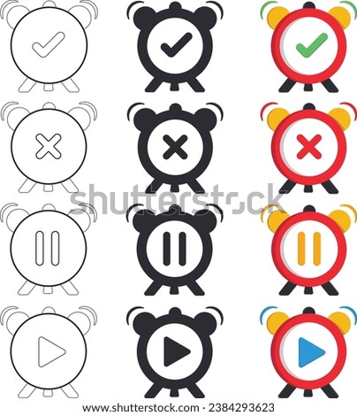 Creative alarm clock icon depicting various status symbols – finished, ended, pause, and resume. Perfect for time management apps, project scheduling, and productivity concepts.