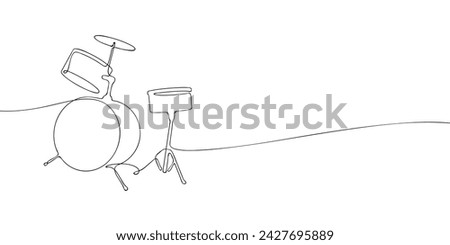 A single line drawing of a drum kit. Continuous line drums icon. One line icon. Vector illustration