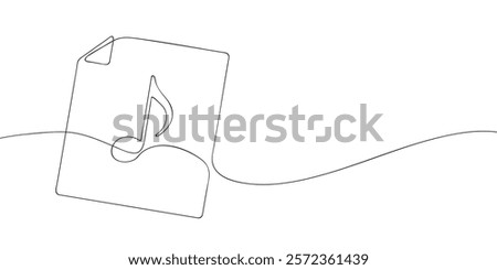 A single line drawing of a file with note symbol. Continuous line musical note icon. One line icon mp3. Vector illustration.