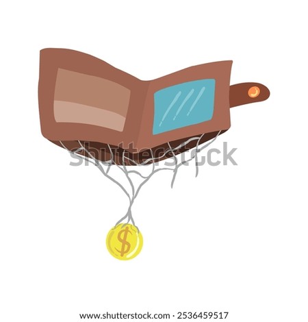 a brown purse with a spider web hanging off it. Inside the spider web was a single coin, giving the impression that the wallet had not been used for a long time or had no money in it