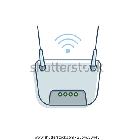 WiFi router with two antennas and signal icon on it, showing wireless connectivity. The router has four green indicator lights on its front panel. suitable for technology-related content.