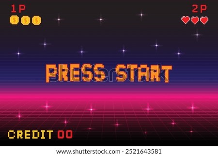 press start. Pixel art background.8 bit game. retro game. for game assets in vector illustrations. Retro Futurism Sci-Fi Background. glowing neon grid. and stars from vintagsynwap table1 start new gam