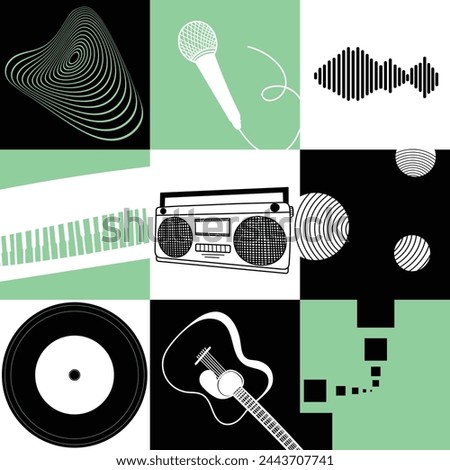 Abstract art composition with musical instruments and geometric shapes. Music concept. Graphic design for backdrop, banner, poster, brochure, leaflet or signboard.Green and black.