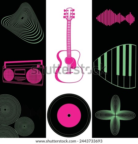 Abstract art composition with musical instruments and geometric shapes. Music concept. Graphic design for backdrop, banner, poster, brochure, leaflet or signboard.Pink and black.Neon colors.