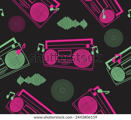 Abstract seamless pattern with record player,notes and geometric shapes. Music concept.Pink and green.Neon colors.