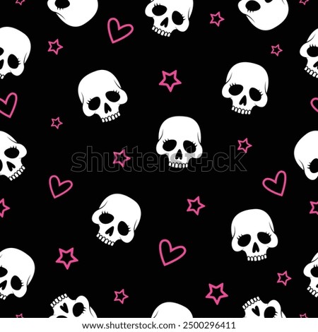 Seamless with hearts and skulls. Vector pattern.