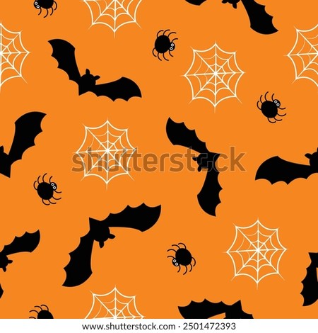 Halloween seamless bats pattern with spiders and spider web . Black bat on orange background. Cute pattern for wrapping paper, textile prints, wallpapers. Vector illustration.