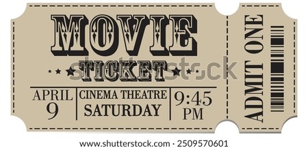 Movie ticket template. Movie admission coupon design. Cinema coupon for festivals, event, theater, concert, play. Vector illustration isolated on white background.