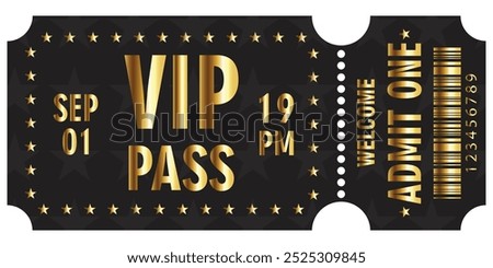 Vip ticket with gold text. Template entrance ticket vip-pass isolated on white background. Admit one. Ticket  for cinema, movie, carnival, film, festival, etc. Vector illustration.