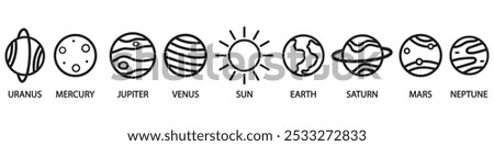 Set of Solar system planets icons.  Isolated on white background. Line style. Sun and planets. Vector Illustration. Mars, Jupiter, Earth and other.