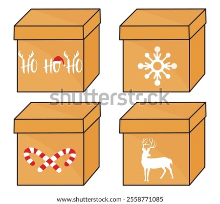 Christmas element Boxing template design. Vector cardboard post boxes in flat style.