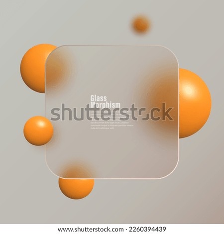 Glassmorphism landing page with square frame. Vector illustration with blurry floating spheres in orange color