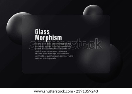 Glass morphism style. Rectangular glass banner or bank card with rounded corners. Cashless payment concept. Realistic glass morphism effect on a dark background with black spheres.